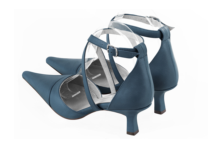 Denim blue women's open side shoes, with crossed straps. Pointed toe. Medium spool heels. Rear view - Florence KOOIJMAN